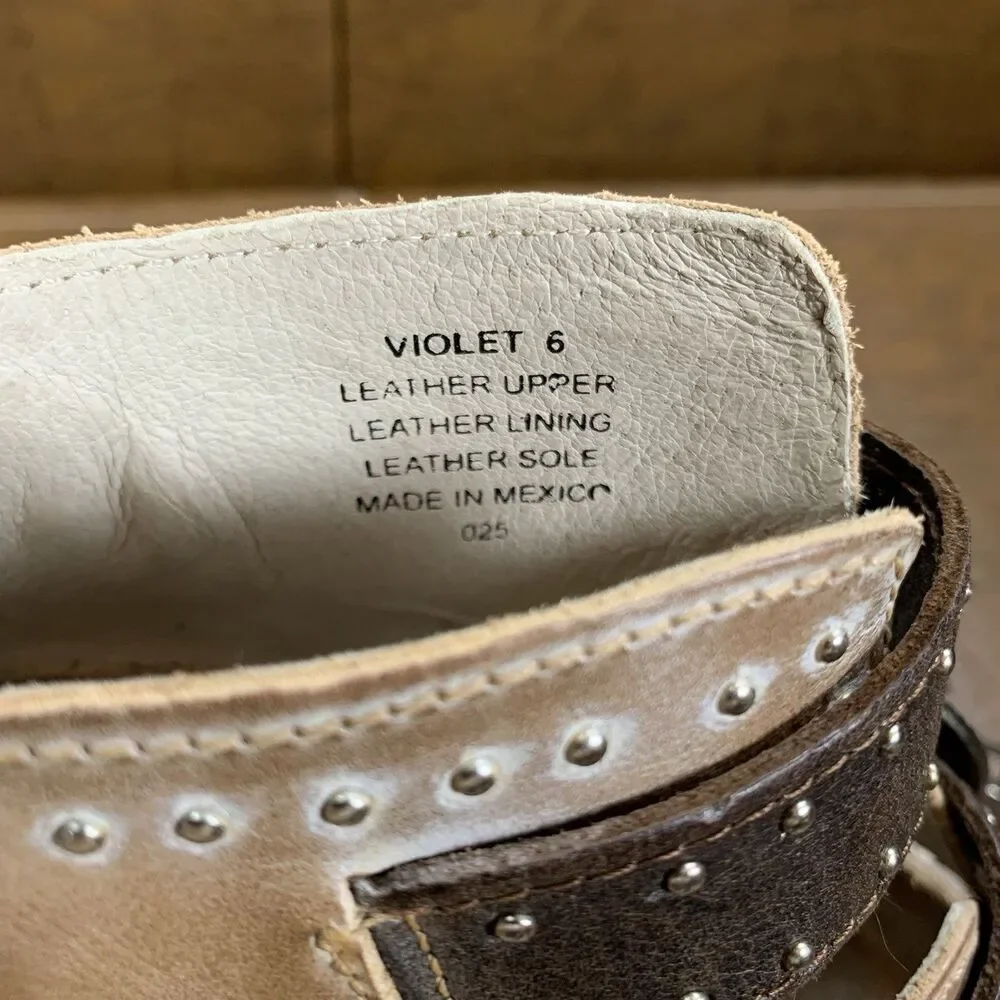 Freebird By Steven Violet Taupe Brown Leather Buckle Studded Sandals Women’s 6